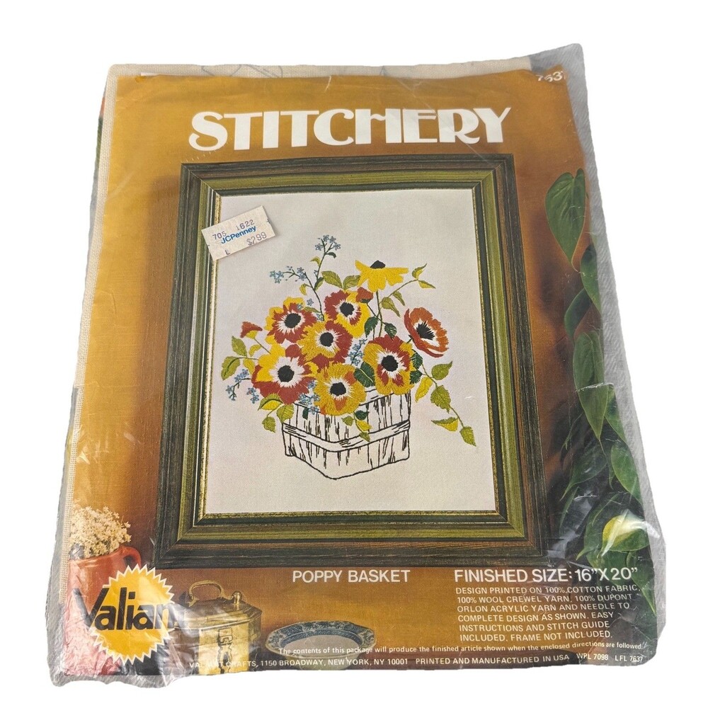 VTG 70s MCM Poppy Basket Crewel Kit by Valiant Stitchery 16" x 20" Finished Size